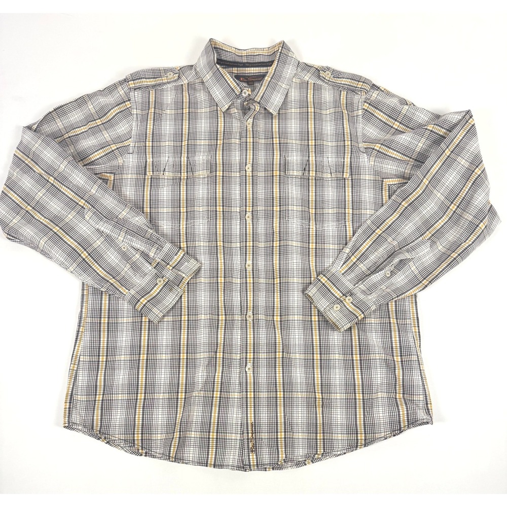 Ben Sherman Men's 2XL Plaid Button Down Shirt Grey Yellow